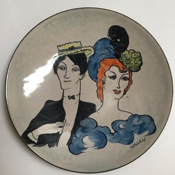 Enamel on Copper Plate Man Showgirl 1900’s Couple SIGNED 5” Mid Century Dish - Picture 7 of 10